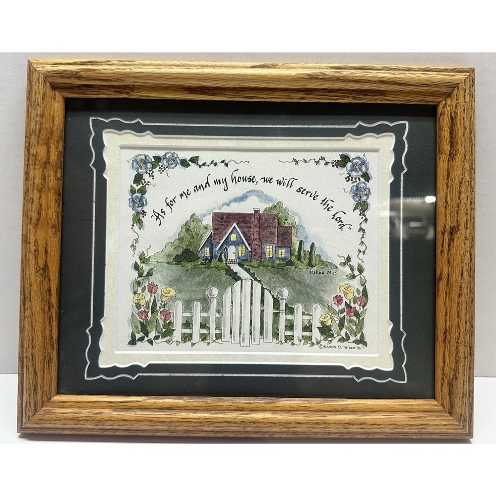 Wood Framed Cottage Print Art Bible Verse Joshua 24:15 9"x11"